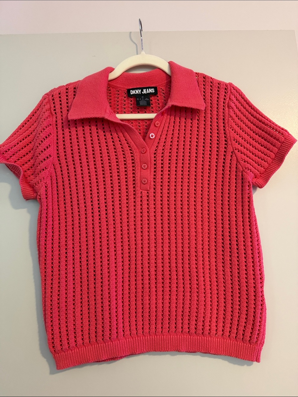 Dkny Pink Open-Knit Polo V-Neck Sweater